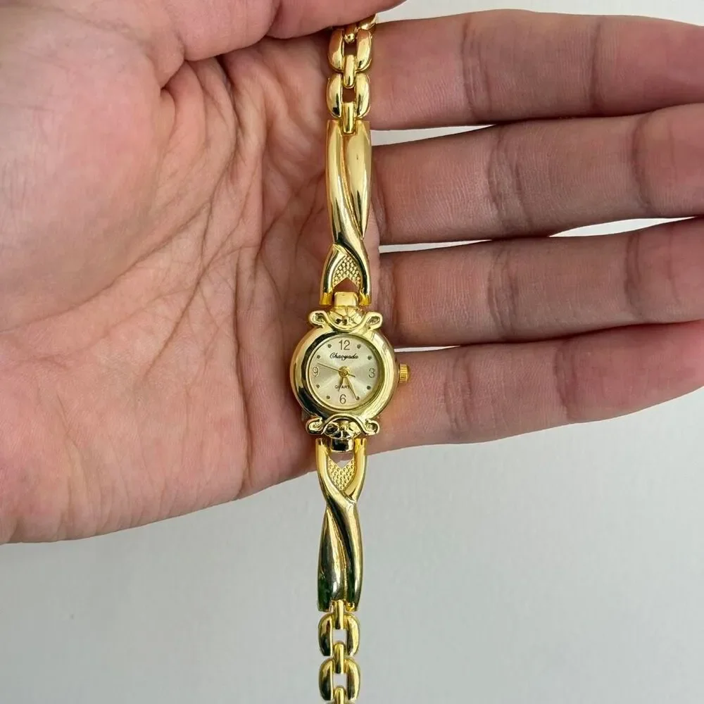 y2k cute gold round stainless steel quartz watch